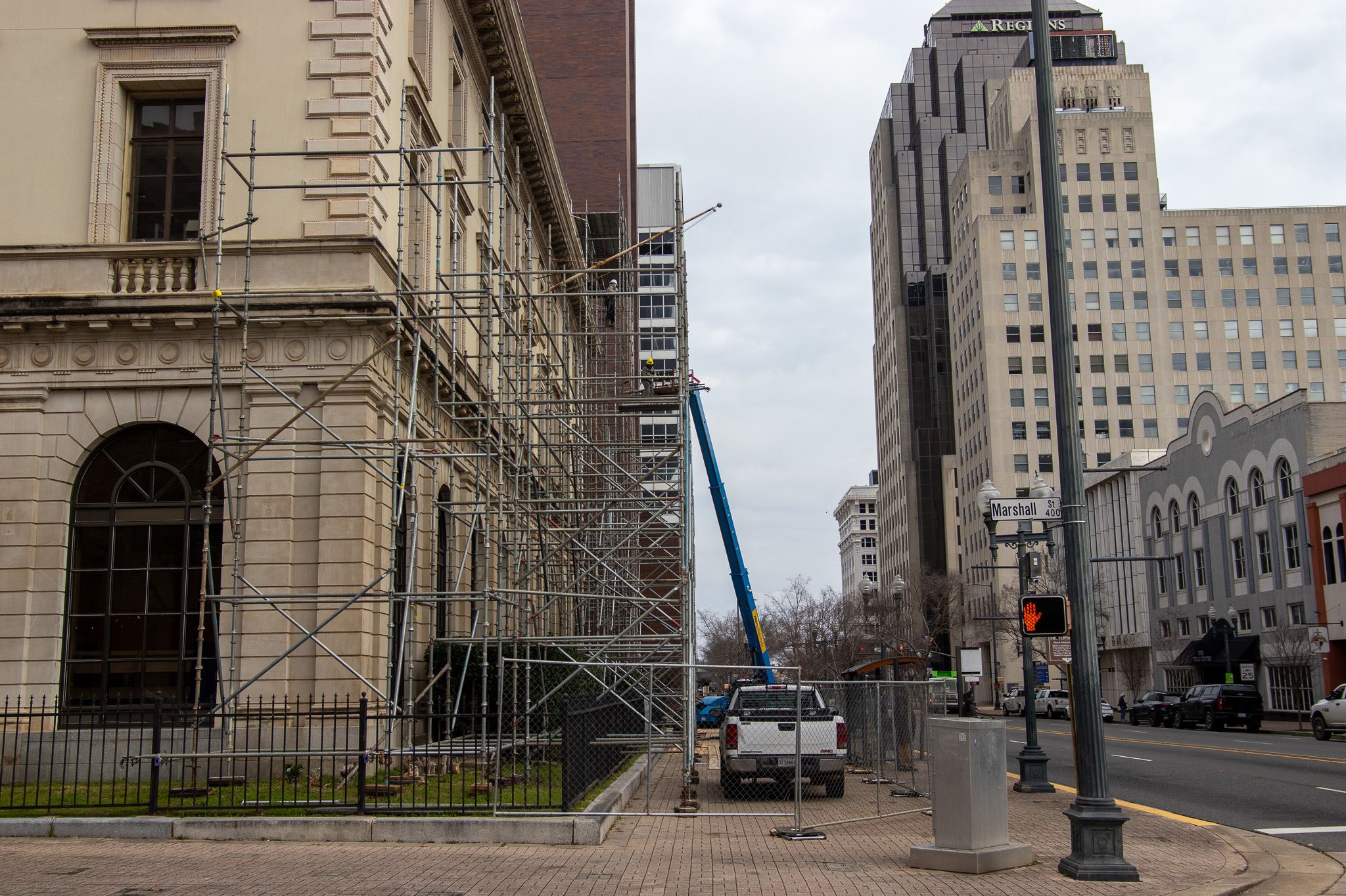 Scaffolding added to exterior of the building.